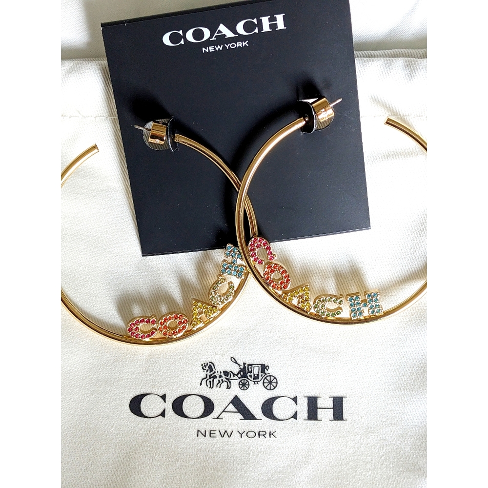 NWT, Coach Gold, & RAINBOW Multicolor Hoop Earrings 2¼" - Picture 7 of 12